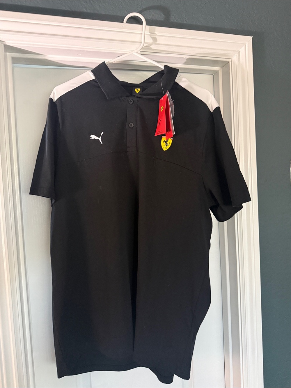 Ferrari Black Polo with White Shoulder Panels.  NWT